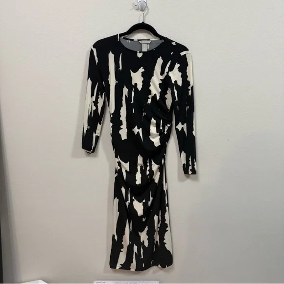 H&M Black White Abstract Print Ruched Midi Dress Long Sleeve Small - Picture 3 of 5
